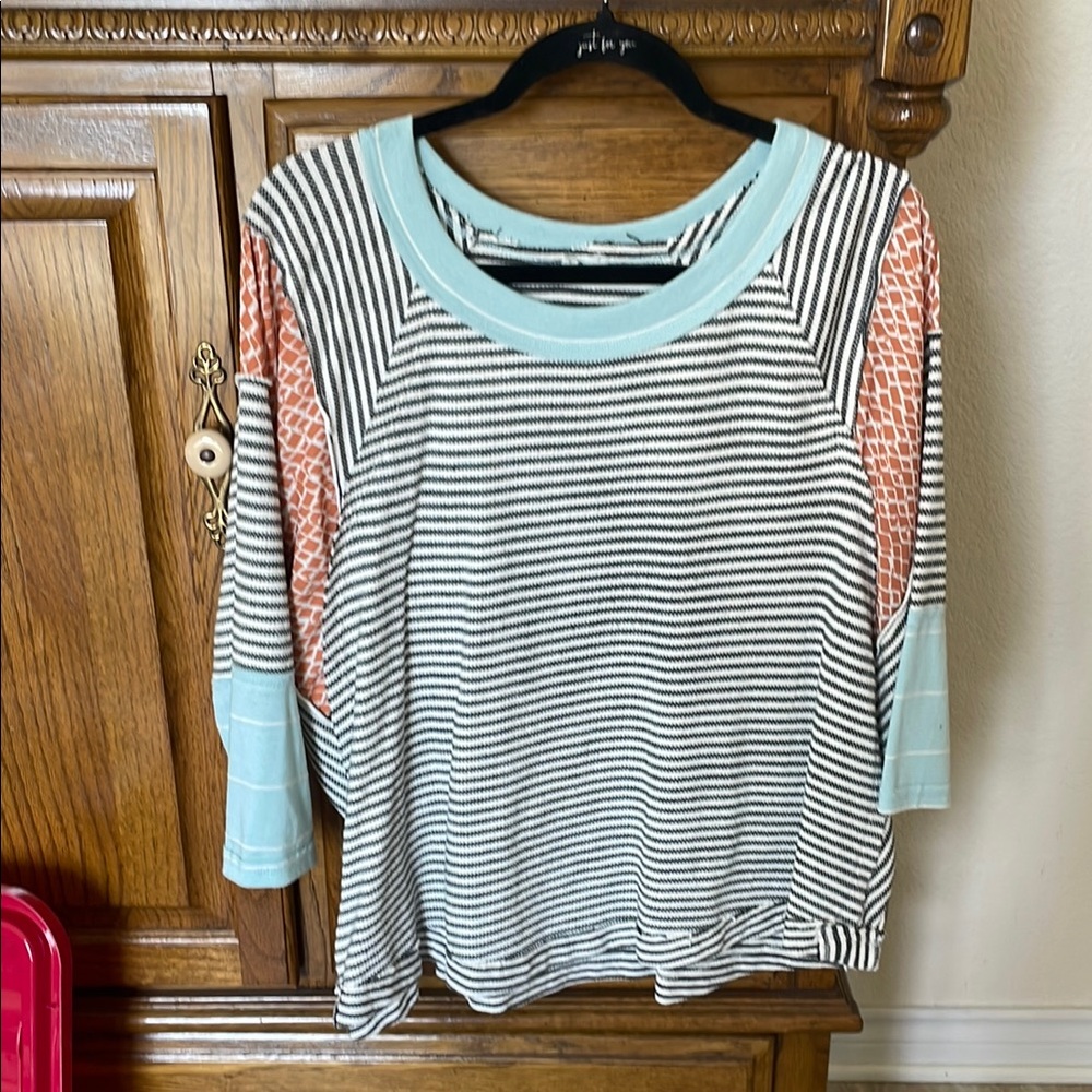 Striped Women's Top with Blue and Orange Accents